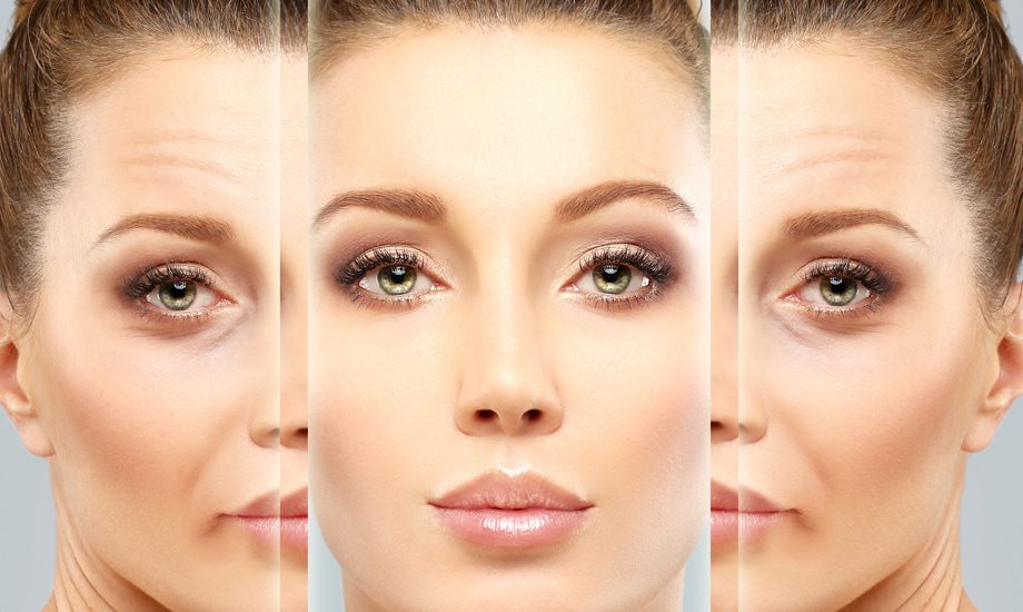 A woman 's face is split in three different ways.